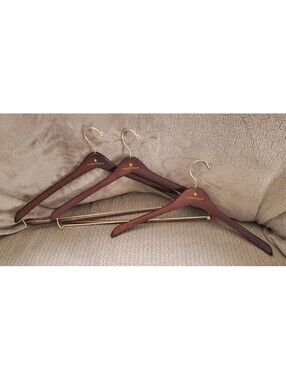 VTG Nordstrom Wooden Suit Hangers (3) Mahogany Finish Gold Hardware Pant Bar